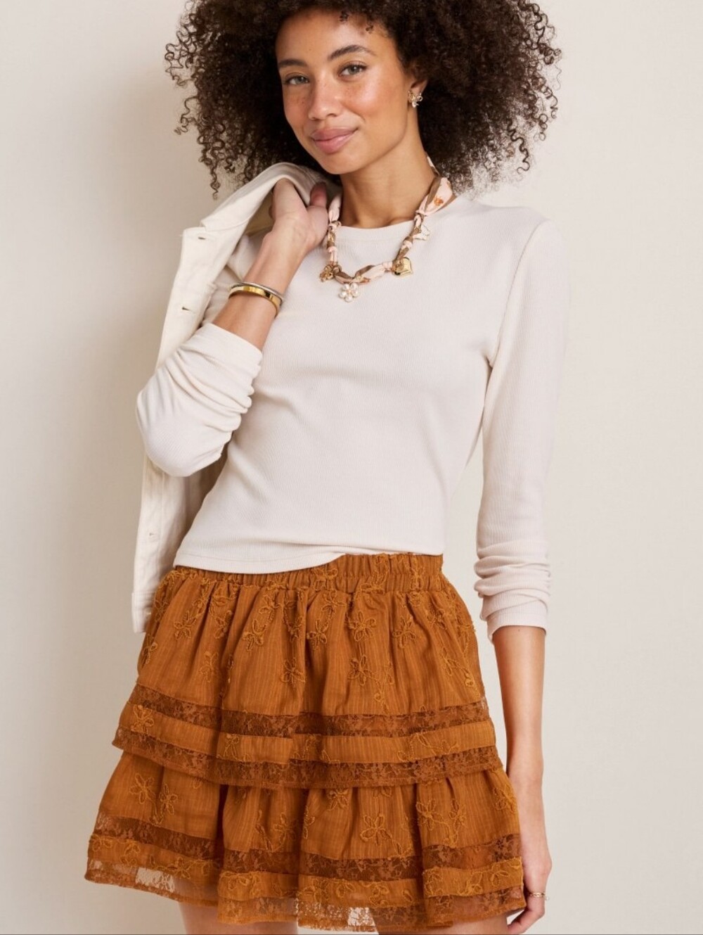 Francesca's Embroidered Tiered Mini Skirt - Rust Orange Size Small
